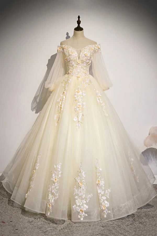 Wholesale Champagne Tulle Lace Floor Length Prom Dress Off Shoulder Long Sleeve Evening Dress